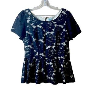 Black Lace Rose Peplum Short Sleeve Blouse Large Dark Academia Romantic Goth